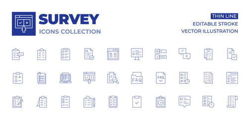 Survey icons collection. Thin Line icons, editable stroke. checklist, clipboard, compliance, feedback, list, online survey, survey, document, faq, poll