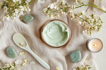 open cream jar with a small spatula and an array of skincare tools like jade rollers and gua sha...