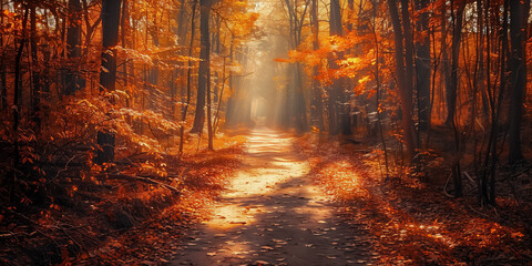 Idyllic autumn forest path bathed in warm golden light