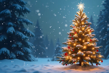 Beautifully decorated Christmas tree glowing in the night of the snow forest    
