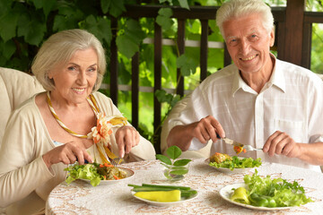 Happy senior couple having diner and posing at home