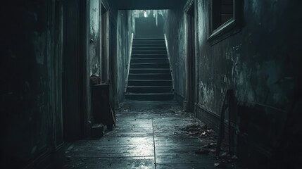 A dark hallway with a staircase leading up to a room