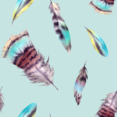 Seamless feather pattern. The illustration is hand-painted, executed in watercolor. Beautiful bright multicolored Phoenix bird feather on a blue background. Asian, Indian, Native American ornament