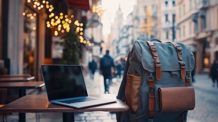 Obraz premium Laptop and Backpack on a Table in a European City