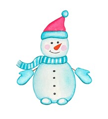 Hand drawn snowman. Watercolor illustration