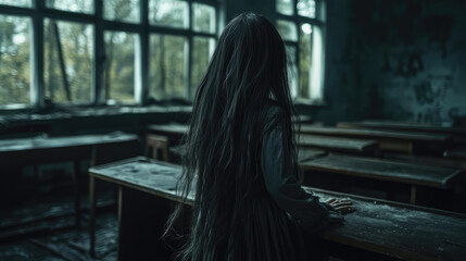 Naklejka premium A chilling child ghost with long, dark hair, drifting between the rows of old wooden desks in a haunted classroom, the windows cracked and the air filled with eerie whispers.