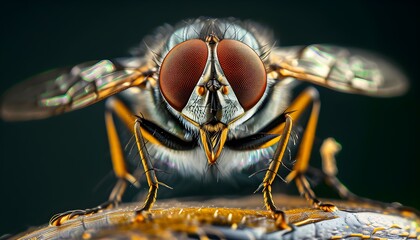 macro of a housefly (Musca domestica) with detailed wings, large red compound eyes, and the fine bristles on its body in sharp focus