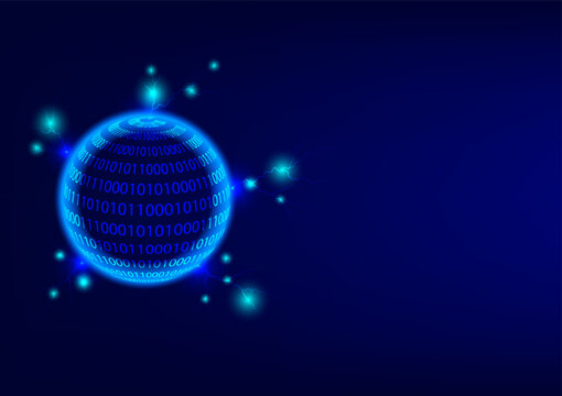 The glowing and neon light circle or globe of binary code numbers with thunder on a dark blue background. Metaverse and futuristic and innovation communication and cyber crime.