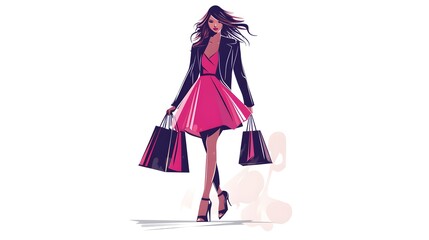 Art of an elegant woman in a pink dress and black jacket, holding shopping bags and walking in high heels on a white background