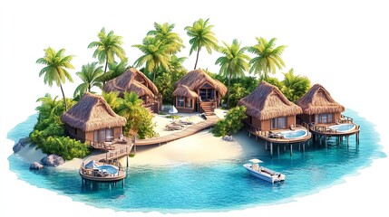 A small tropical island with palm trees, thatched-roof bungalows, a beach, a pier, and a boat in the turquoise water.