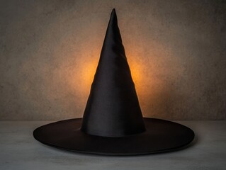 Fototapeta premium A mysterious black witch hat set against a textured background, perfect for Halloween or themed event decor.