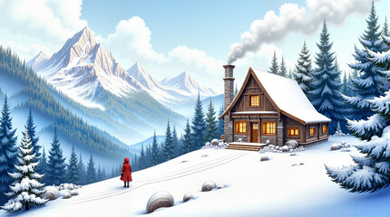 Fototapeta premium Traveler in red coat approaching a charming cabin amidst a snowy mountain backdrop