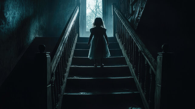 A frightening ghostly child with pale skin and a vacant stare stands ominously at the top of a dark staircase in an old haunted house.
