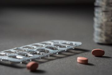Medication pills blister packaging concept of pharmacy, medicine, healthcare, pharmaceutical industry