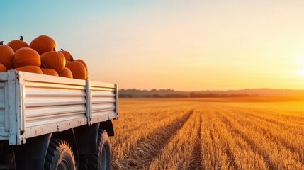 Autumn harvest: pumpkins in a field at sunset