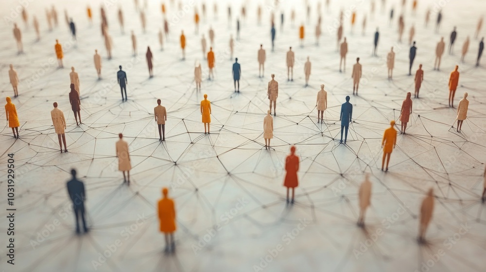 Aufkleber A myriad of diverse figures stands scattered across a vast surface, interconnected by lines, emphasizing the concept of social networks and relationships.