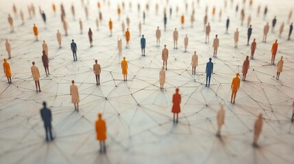 A myriad of diverse figures stands scattered across a vast surface, interconnected by lines, emphasizing the concept of social networks and relationships.