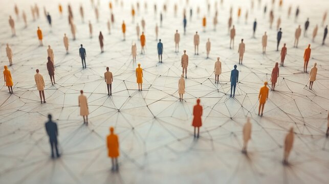 A myriad of diverse figures stands scattered across a vast surface, interconnected by lines, emphasizing the concept of social networks and relationships.