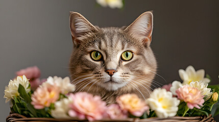 Cute Tabby Cat With Flowers In Basket  Portrait  Pet  Domestic Animal