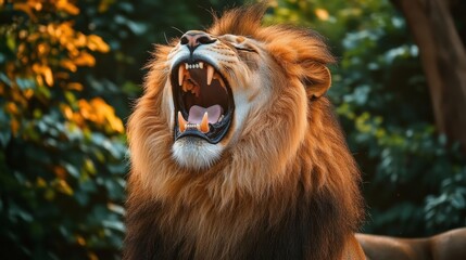 Naklejka premium Majestic Male Lion Roaring, Displaying Powerful Teeth, Green Forest Backdrop in Wildlife Photography