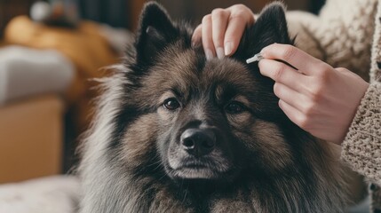 Fototapeta na wymiar Veterinarian applying medication to a keeshond dog at home