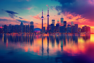 Obraz premium A city skyline is reflected in the water, with the sun setting in the background