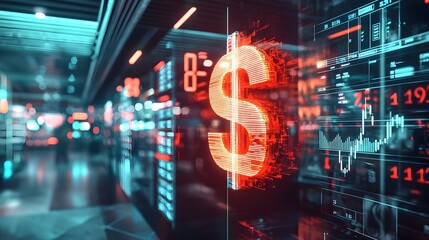 Futuristic Holographic Dollar Sign Floating Over Dynamic Retail Price Display