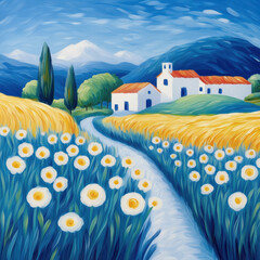 Idyllic countryside scene with wildflowers, wheat fields, and a white church with terracotta roofs. Vibrant impressionist landscape with mountains in the background.