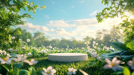 Creative Earth Day scene with a 3D cylinder podium positioned on a vibrant green meadow framed by blooming plants and a clear blue sky promoting environmental protection and sustainability