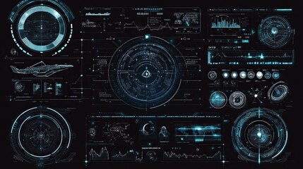Fototapeta premium Futuristic hud design elements for space ship, drone, or radar interface. Can be used to display virtual reality view in technology monitoring applications. Vector illustration. 