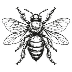 A black and white drawing of a bee with its wings spread out. The bee is the main focus of the image, and its wings are spread wide open, giving it a sense of freedom and movement