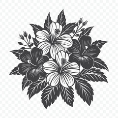 Floral Bunch with Hibiscus Silhouette Vector Illustration of Tropical Flower Art in Black and White Style