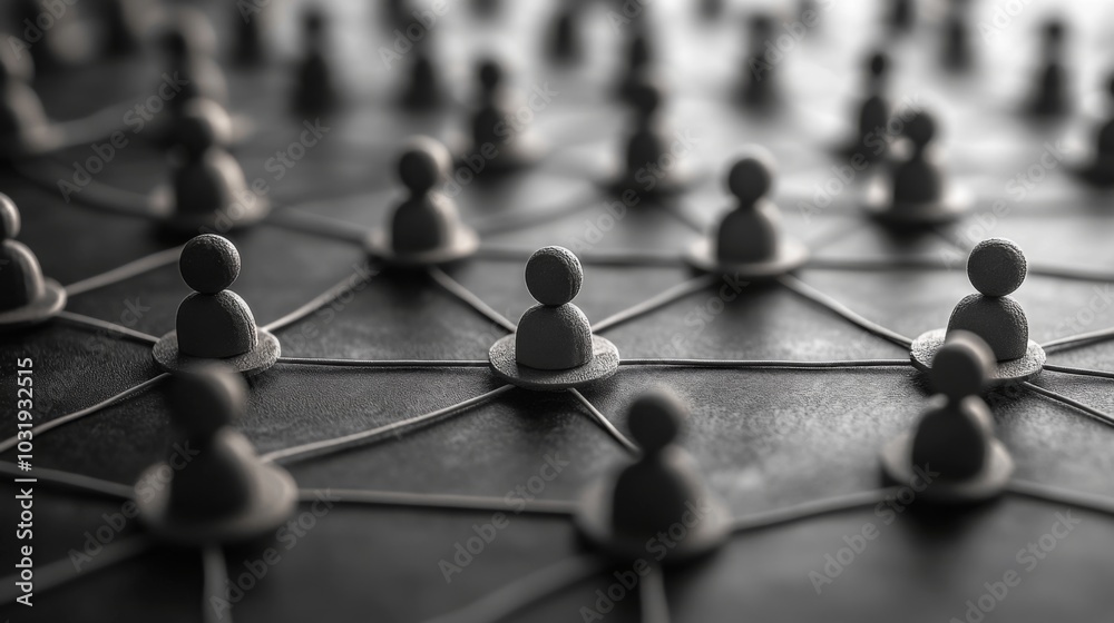 Aufkleber small wooden figures stand connected by rubber bands, illustrating the concept of networking and soc