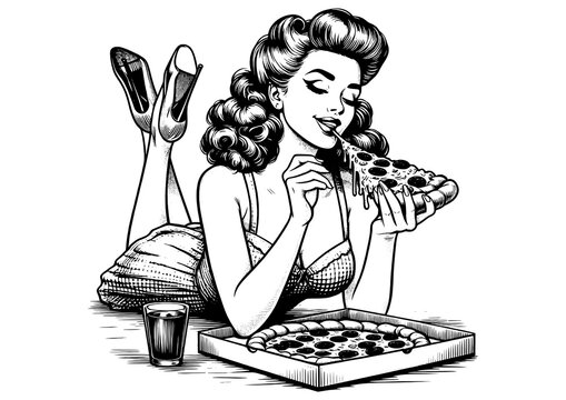 recommend clip art: glamorous woman eats a pizza slice, elegance with casual dining in a retro vibe sketch engraving generative ai fictional character PNG illustration. Scratch board imitation. Black and white image.