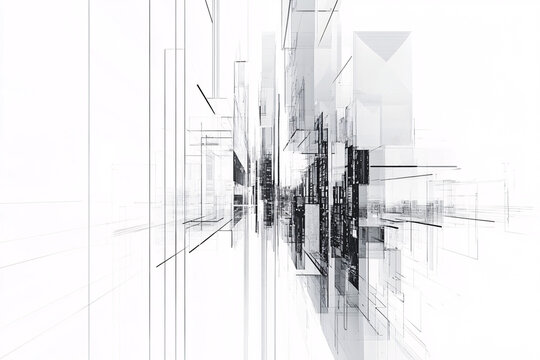 Abstract architectural composition with intersecting lines and geometric shapes on a white background
