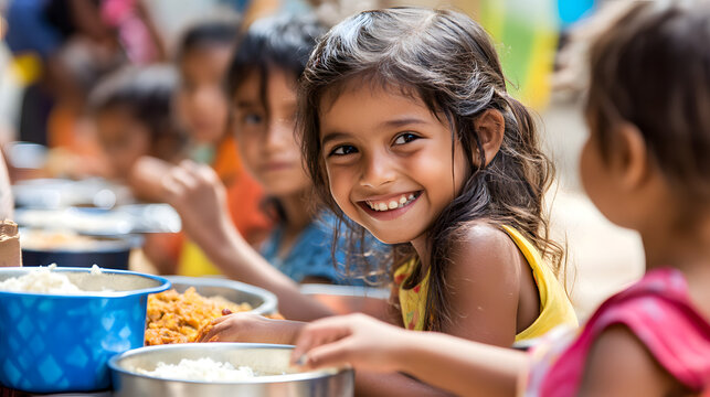 Smiling child enjoying a meal with other kids, symbolizing happiness, charity, food donation, social welfare, poverty relief, community support, and kindness towards underprivileged children