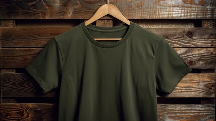A rack of shirts, green t-shirt hanging on a hanger for mockup, simple olive green plain tee t-shirt hanging on wooden hanger with plain background for summer tee, clothes, apparel, clothing banner 