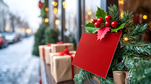 Vibrant red and green holiday sale banner displayed in a store window promoting seasonal discounts and offers for shoppers - Powered by Adobe