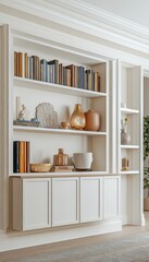 Elegant white bookcase with decor, books, shelves, and storage space in a bright interior.