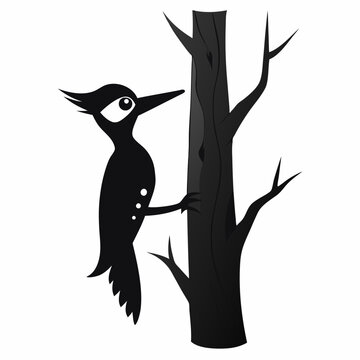 recommend clip art: A woodpecker tapping on a tree silhouette vector illustration on white background