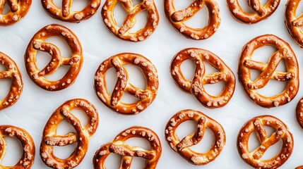 Golden-brown cracker pretzel sticks lie scattered on a crisp, white surface. Their twisted shapes and savory aroma tantalize the senses, promising a satisfying crunch with each bite. 