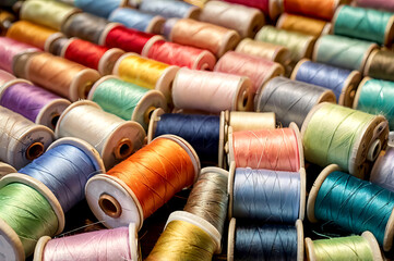 background of pastel colored spools of sewing thread.