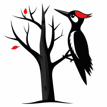 recommend clip art: A woodpecker tapping on a tree silhouette vector illustration on white background