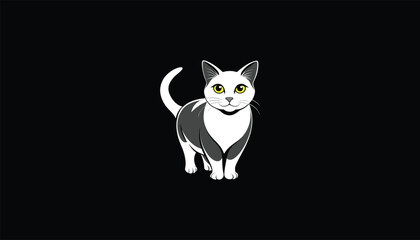 Russian Blue Cat Image, Circle Design, Black Background, White Outline, Unique Cat Illustration