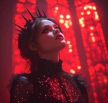 Dramatic portrayal of an evil vampire queen with a crown in a haunting red environment