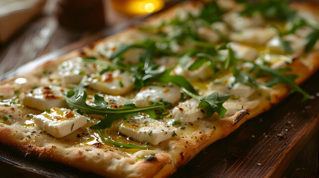 A gourmet flatbread with goat cheese, arugula, and honey