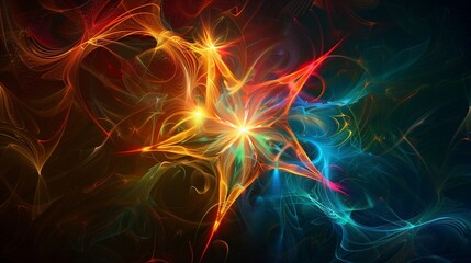 An isolated glowing star against a dark background with colorful, abstract swirls.