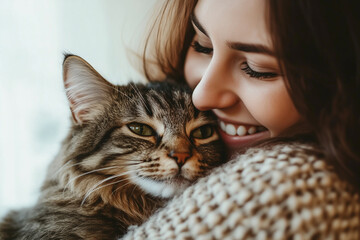 A woman is hugging a cat