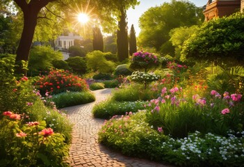 Fototapeta premium beautiful urban park lush serene vibrant well designed landscapes picture perfect nature experience, greenery, pathways, trees, bushes, flowers, gardens