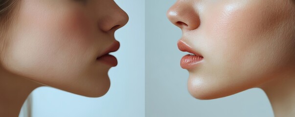 Obraz premium Result of procedure in the clinic of aesthetic medicine. Female double chin before and after correction, cropped shot, panorama, Generative AI